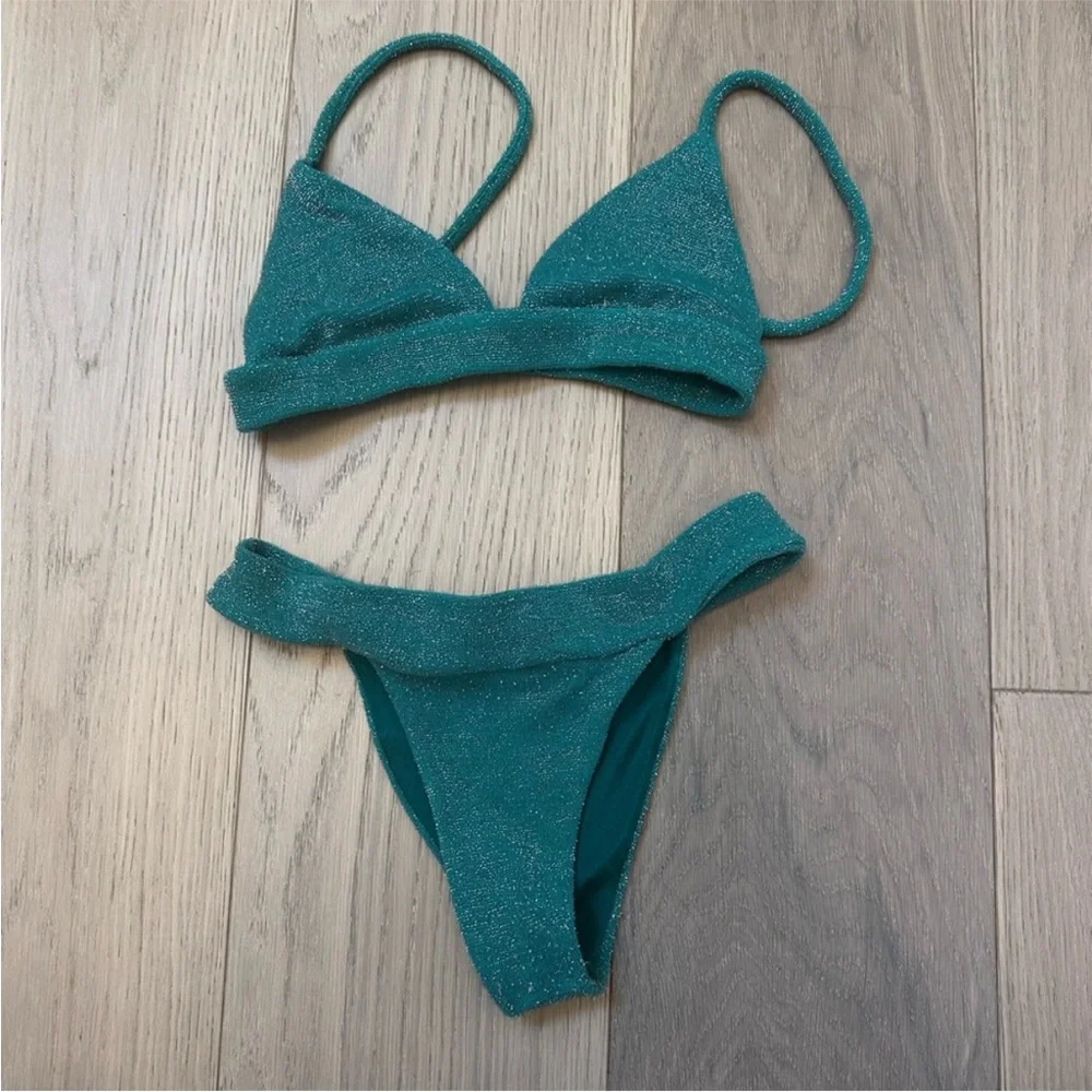 Frankies Bikinis Coco Sparkle Glitter Terrycloth Bikini in Mistletoe Green